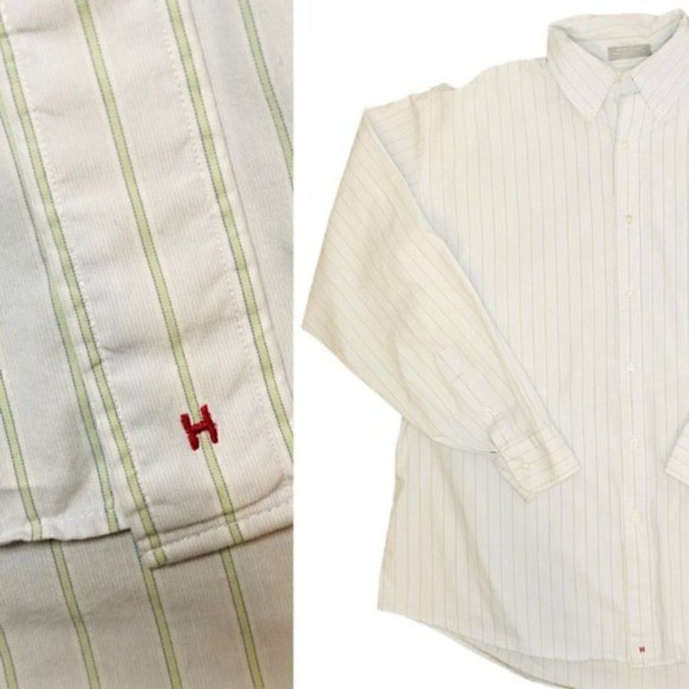 Men's White Button-Down Shirt with Green Pinstripes